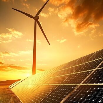 Panele fotowoltaiczne i elektrownia wiatrowa o zachodzie słońca